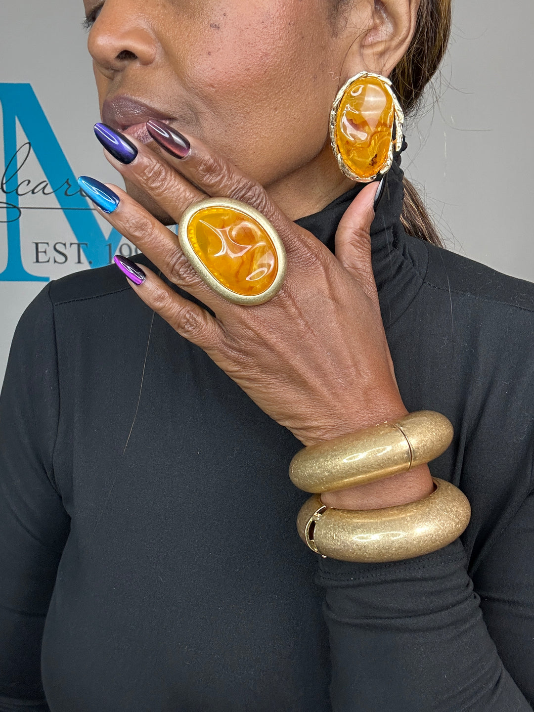 Oversized Bold Round Gold Trim Stud  Earrings - Mustard