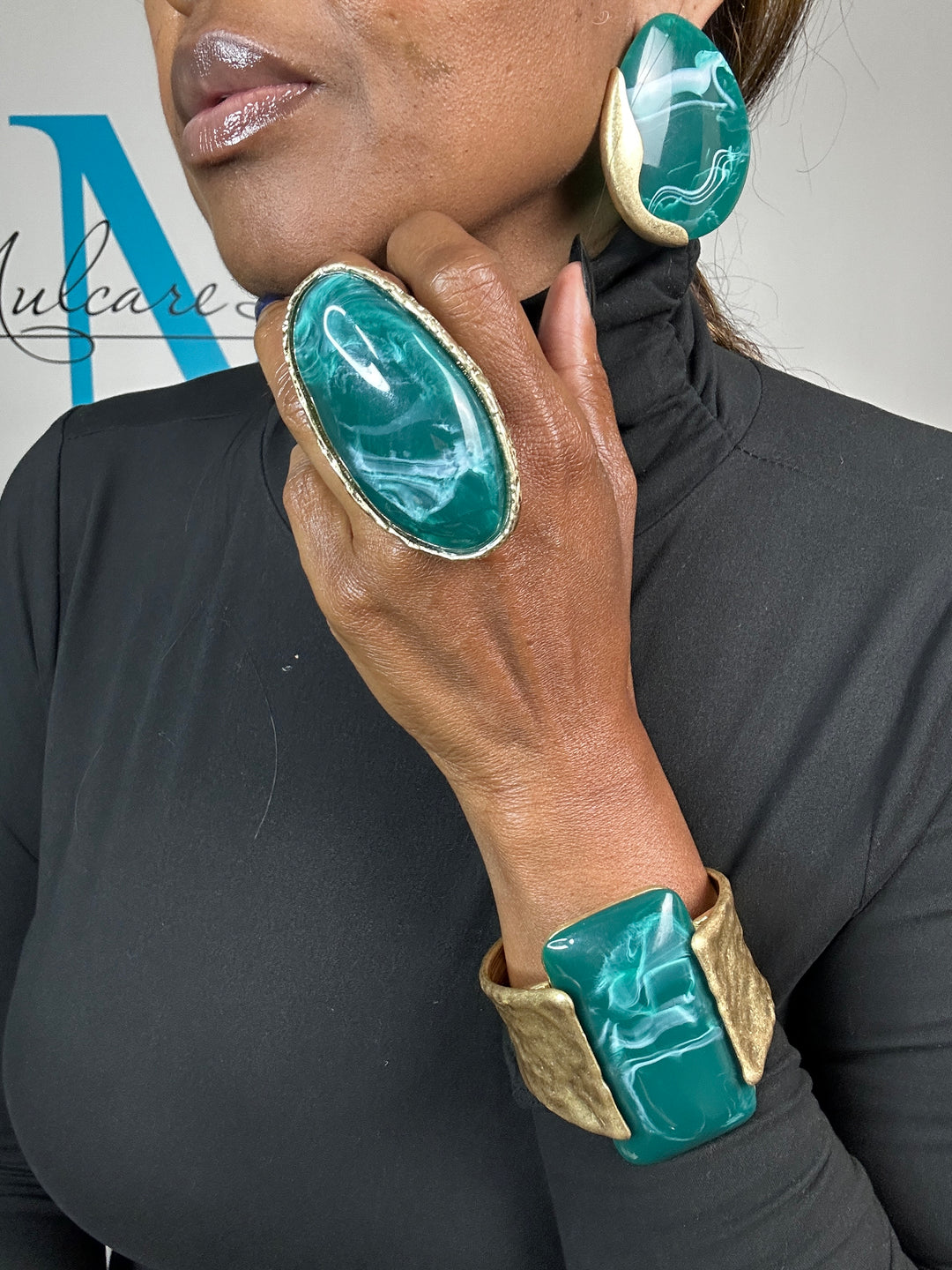Oversized Round Gold Trim Earrings - Teal