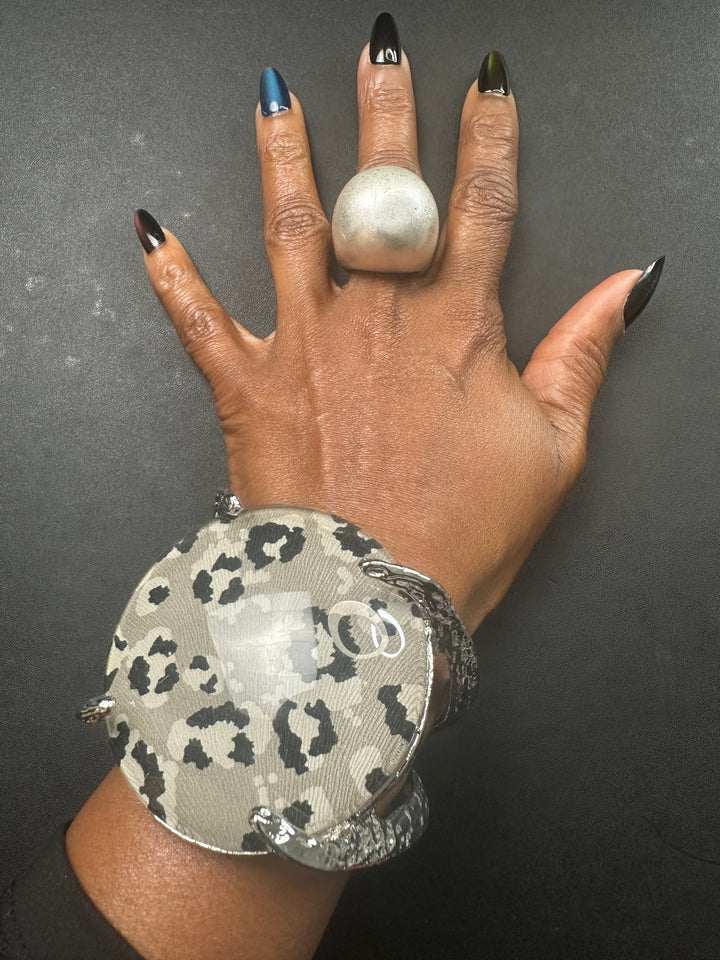 Bold Sculpted Leopard Hinged Bangle Bracelet - Silver