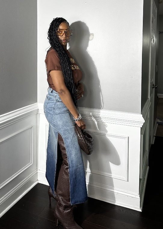 Party in the Front  Denim Full Length Stretch Maxi Skirt