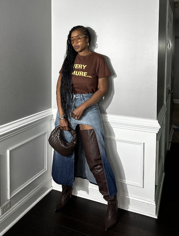 Party in the Front  Denim Full Length Stretch Maxi Skirt