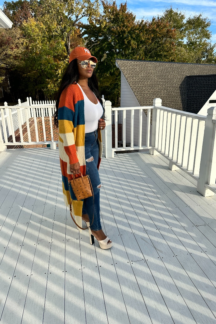 Tri Color Long Cardigan in Blue Cream Yellow and Orange Blend