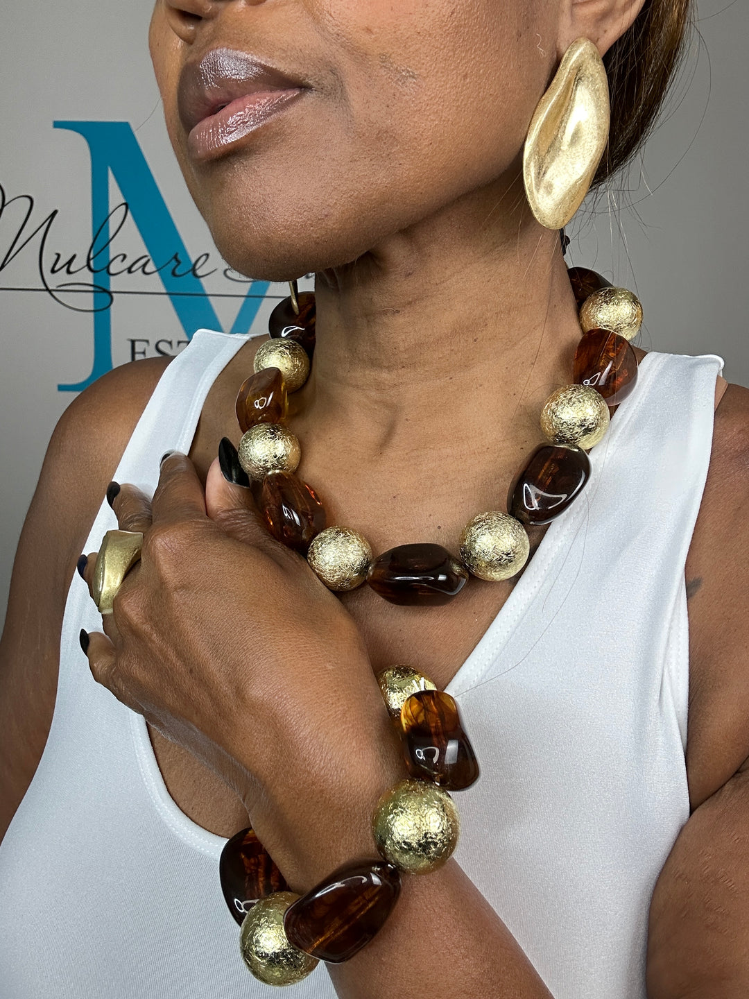 Chunky Fashion Cluster Necklace - Amber Topaz Gold Blend