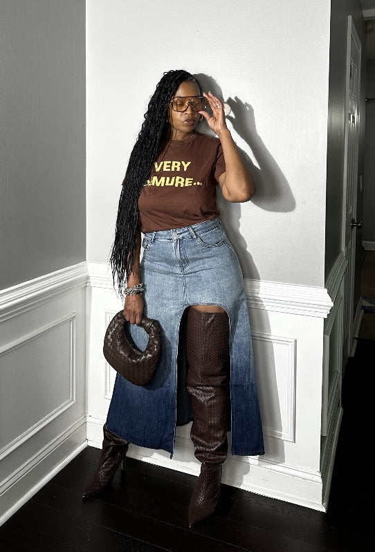 Party in the Front  Denim Full Length Stretch Maxi Skirt