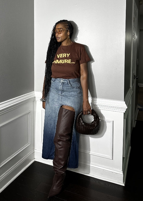 Party in the Front  Denim Full Length Stretch Maxi Skirt