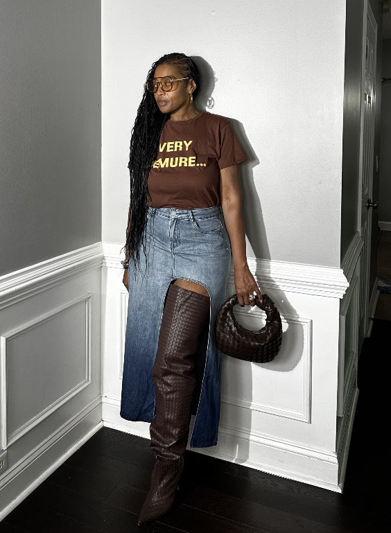 Party in the Front  Denim Full Length Stretch Maxi Skirt