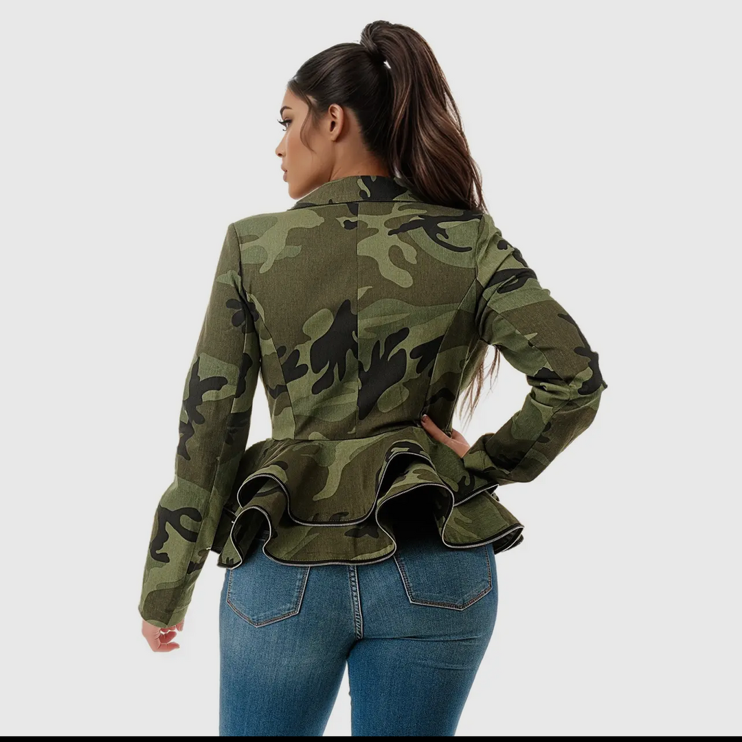 Long Sleeve Camo Stretch Peplum Zipper Tiered Jacket