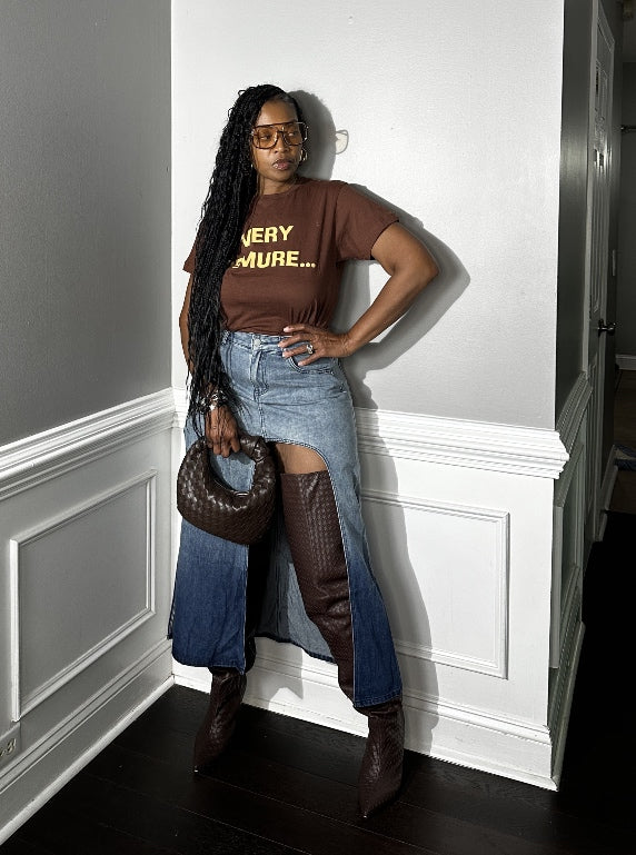 Party in the Front  Denim Full Length Stretch Maxi Skirt