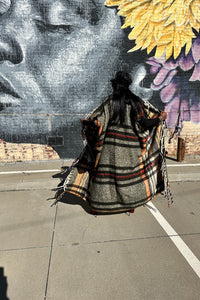 RESTOCKED Rich Auntie Winter Corded Open Front Long Kimono - Cream Tan Red Black Blend