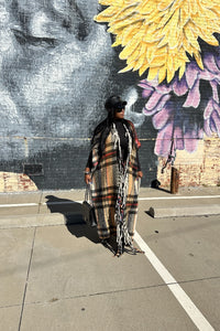 RESTOCKED Rich Auntie Winter Corded Open Front Long Kimono - Cream Tan Red Black Blend