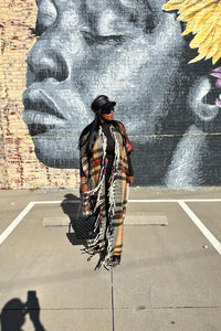 RESTOCKED Rich Auntie Winter Corded Open Front Long Kimono - Cream Tan Red Black Blend