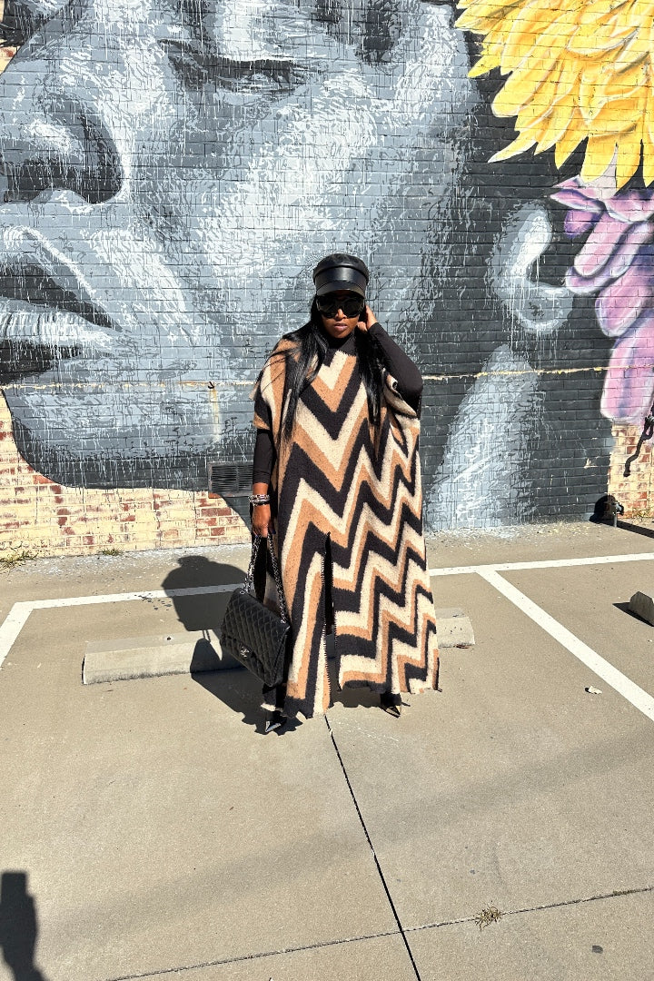 Rich Auntie Winter Fashion Chevron Print Split Kimono - Black Tan and Cream Blend Ships 5/21 Rich Auntie Winter Fashion Chevron Print Split Kimono - Black Tan and Cream Blend Ships 5/21