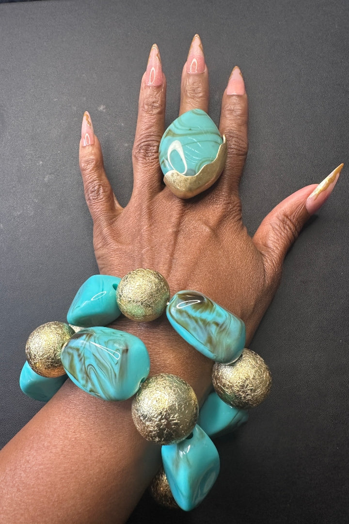 Halo Stretch Beaded Bracelet  - Turquoise Gold