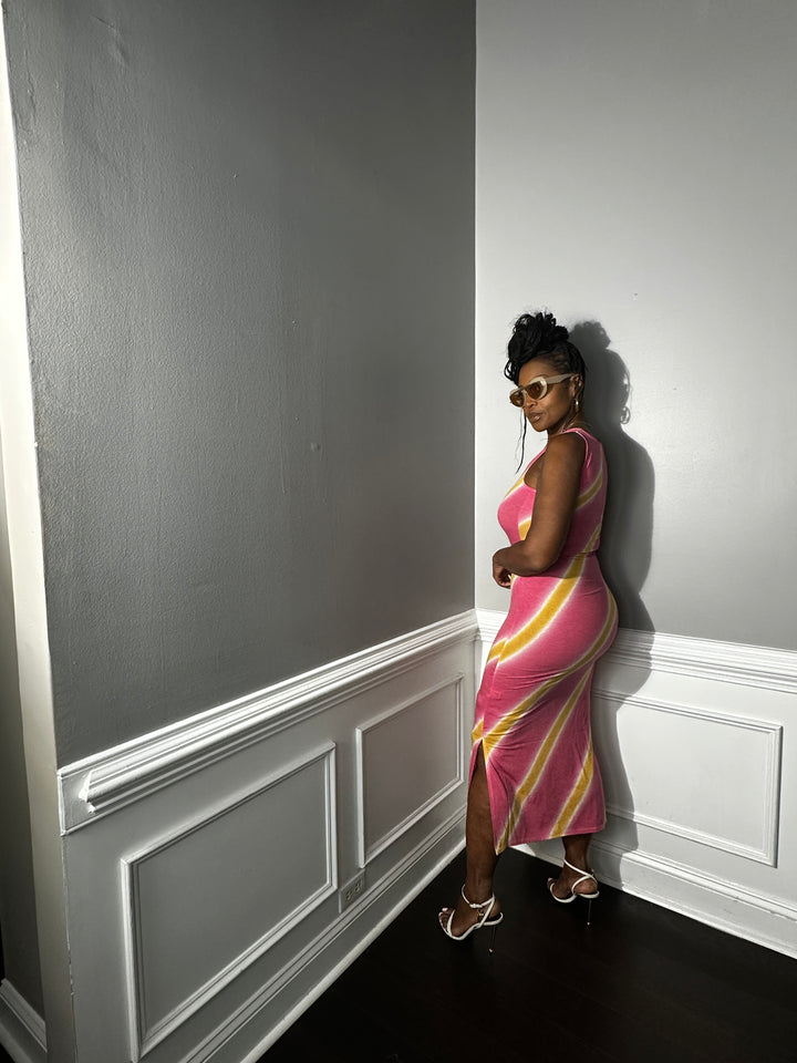 Summer Nights Side Split Midi Dress- Cranberry and Mustard Blend
