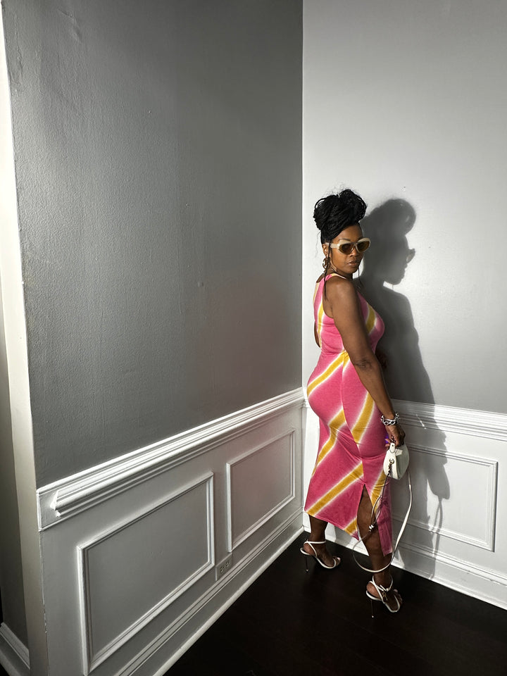 Summer Nights Side Split Midi Dress- Cranberry and Mustard Blend