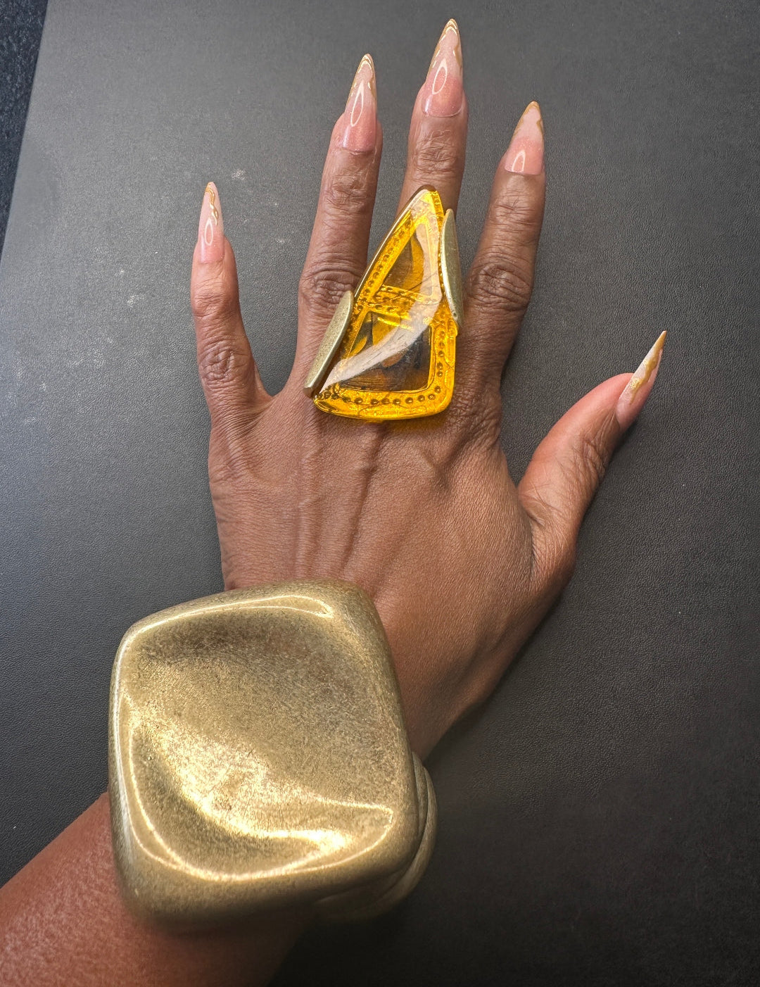 Oversized Bold Triangle Stone Accent Stretch Ring - Amber Topaz