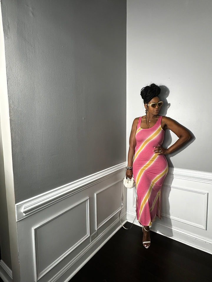 Summer Nights Side Split Midi Dress- Cranberry and Mustard Blend