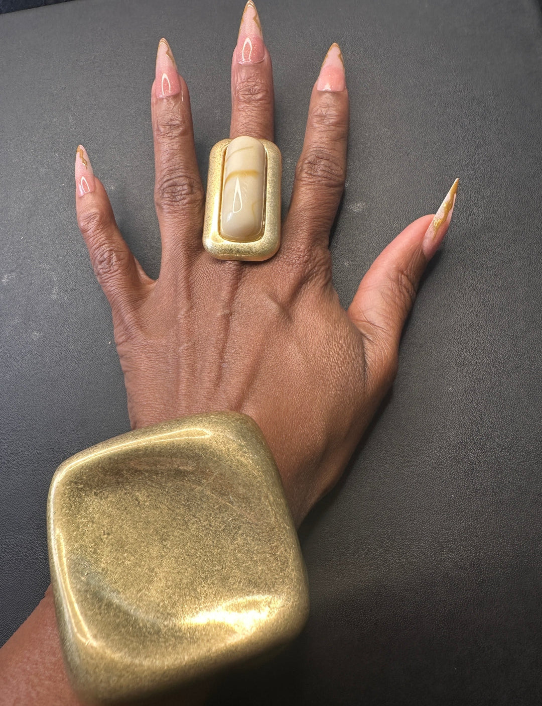 Oversized Rectangle Long Stone Accent Stretch Ring - Topaz Marble