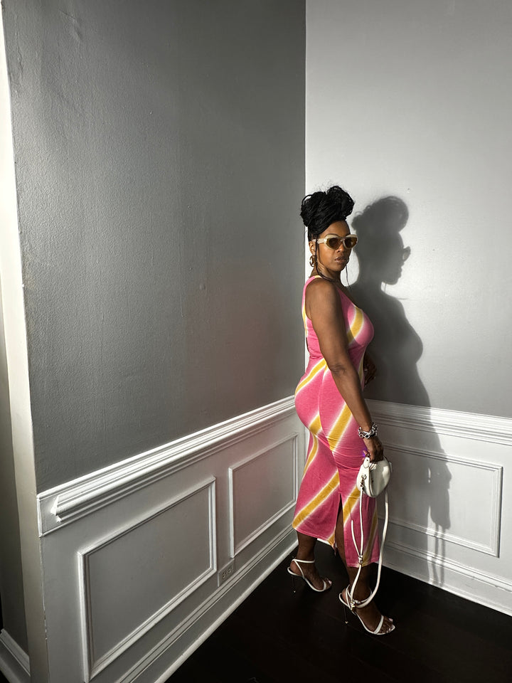 Summer Nights Side Split Midi Dress- Orange and Pink Blend
