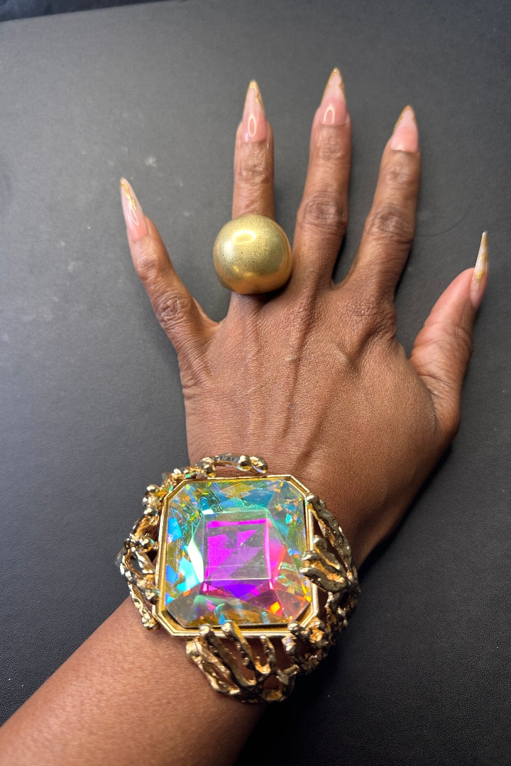 Gold Watercolor Bold Sculpted Hinged Bangle Tree Bracelet