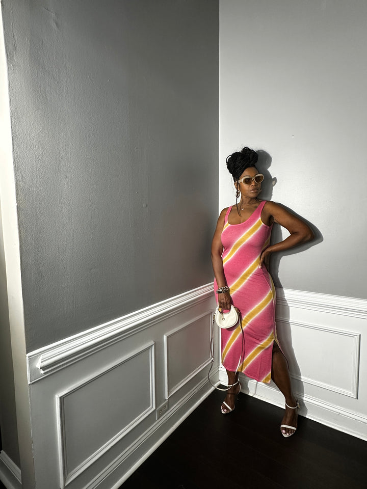 Summer Nights Side Split Midi Dress- Orange and Pink Blend