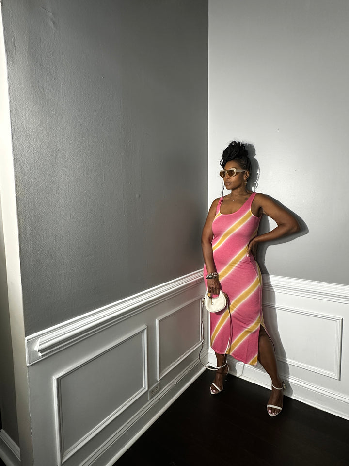 Summer Nights Side Split Midi Dress- Orange and Pink Blend