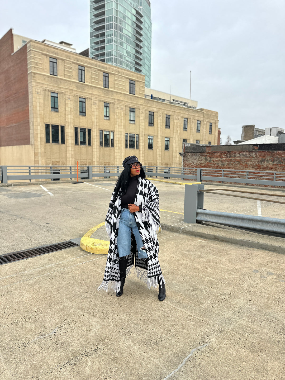 Rich Auntie Winter Fashion Kimono Coat - Black and White Houndstooth Blend Ships 1/30