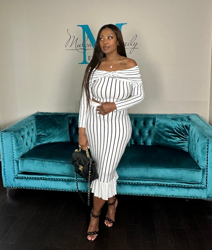 Perfect Fit Striped 2 Pc Off the Shoulder Skirt Set