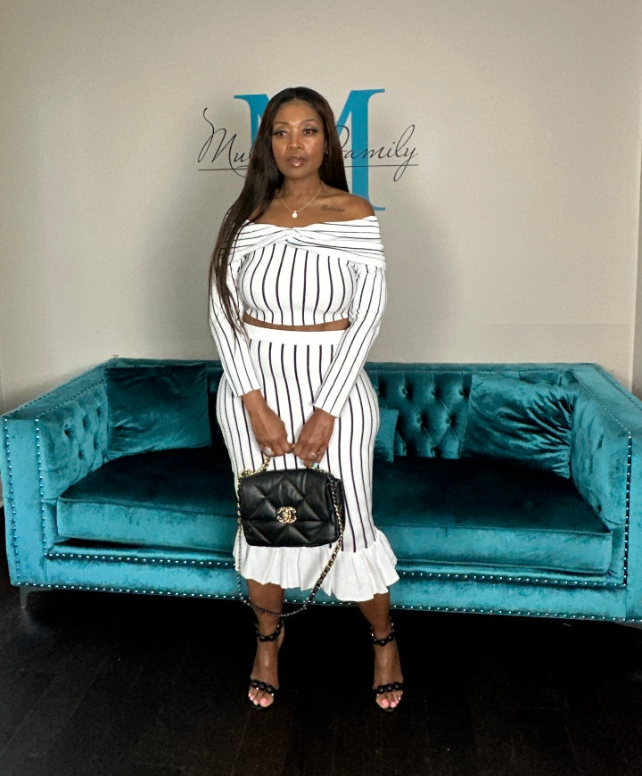 Perfect Fit Striped 2 Pc Off the Shoulder Skirt Set