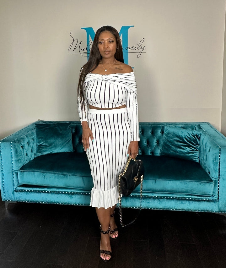 Perfect Fit Striped 2 Pc Off the Shoulder Skirt Set