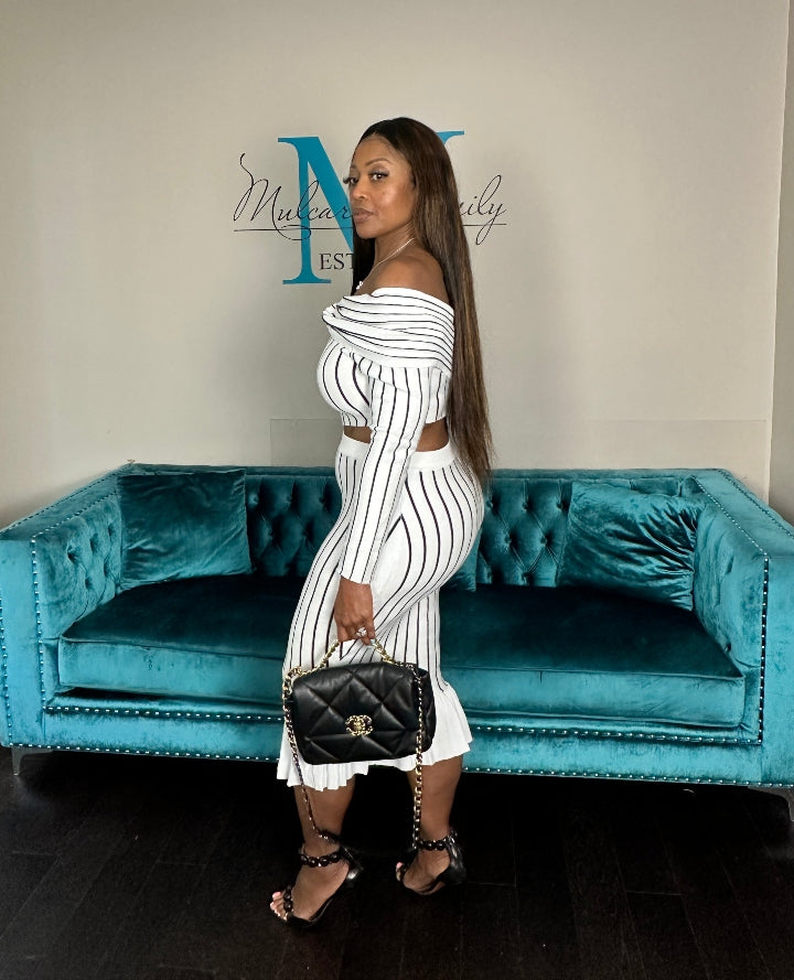 Perfect Fit Striped 2 Pc Off the Shoulder Skirt Set