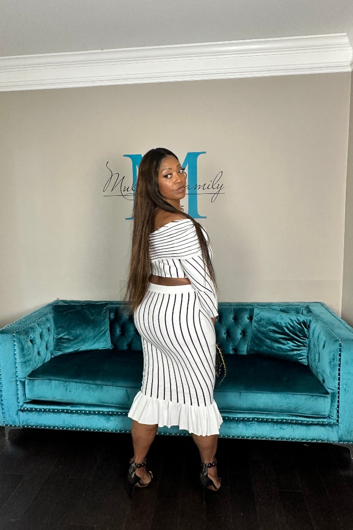 Perfect Fit Striped 2 Pc Off the Shoulder Skirt Set