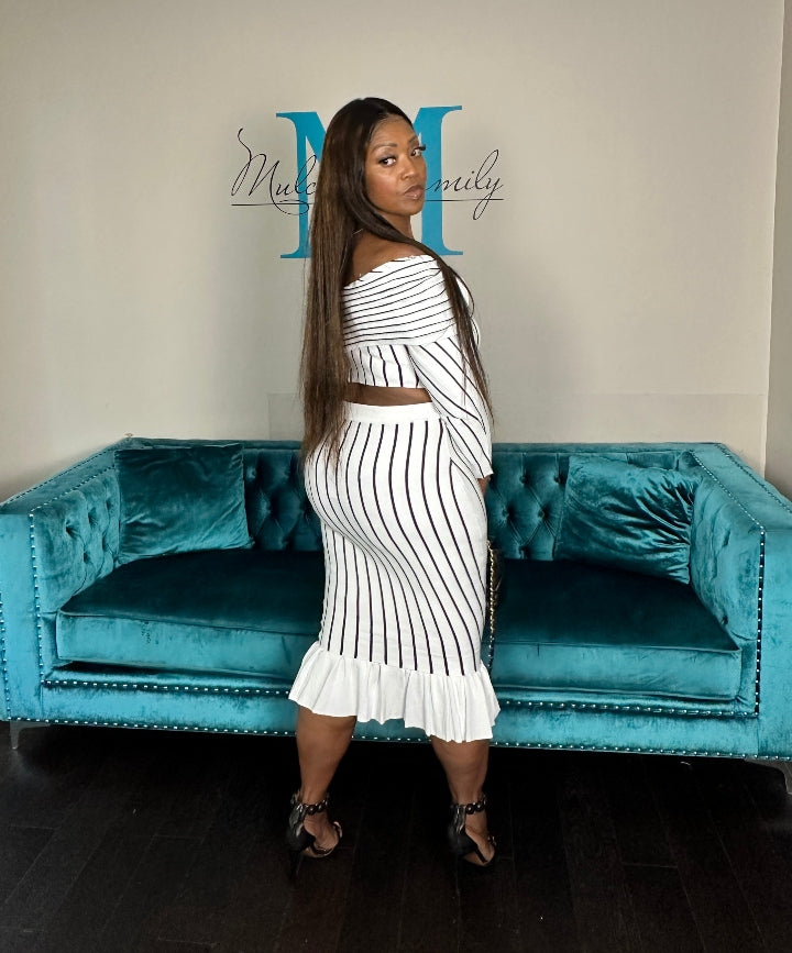 Perfect Fit Striped 2 Pc Off the Shoulder Skirt Set