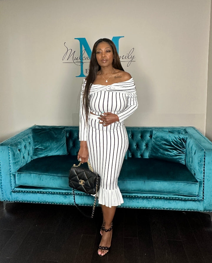 Perfect Fit Striped 2 Pc Off the Shoulder Skirt Set
