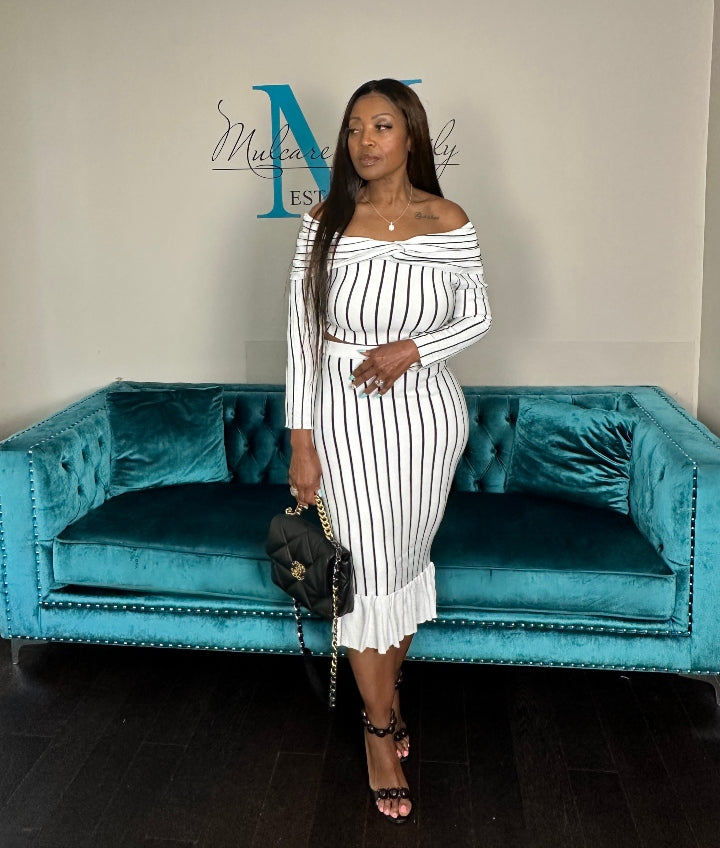 Perfect Fit Striped 2 Pc Off the Shoulder Skirt Set