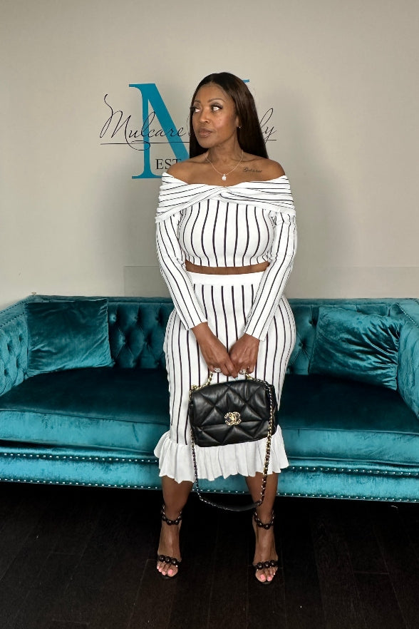 Perfect Fit Striped 2 Pc Off the Shoulder Skirt Set