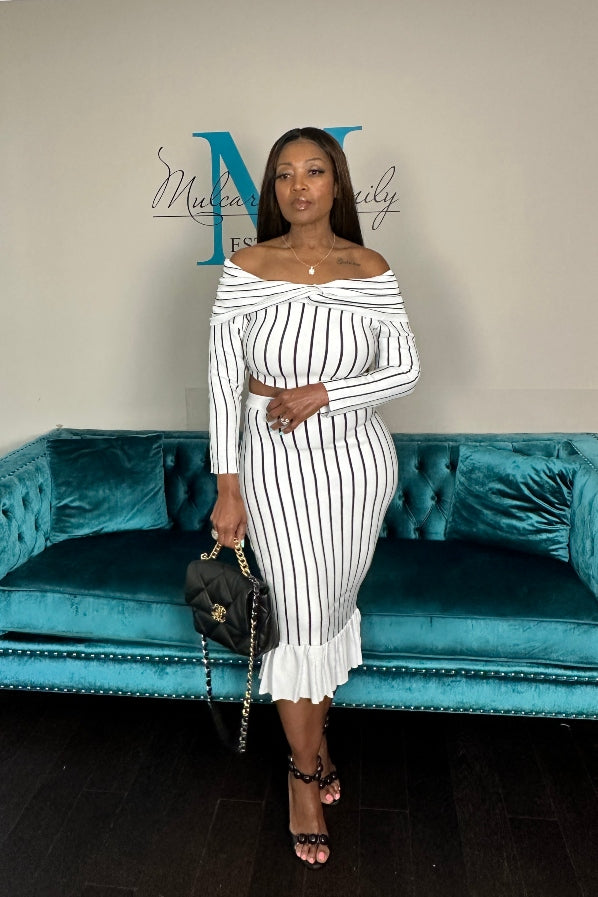 Perfect Fit Striped 2 Pc Off the Shoulder Skirt Set