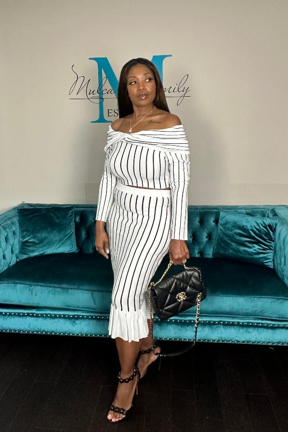 Perfect Fit Striped 2 Pc Off the Shoulder Skirt Set
