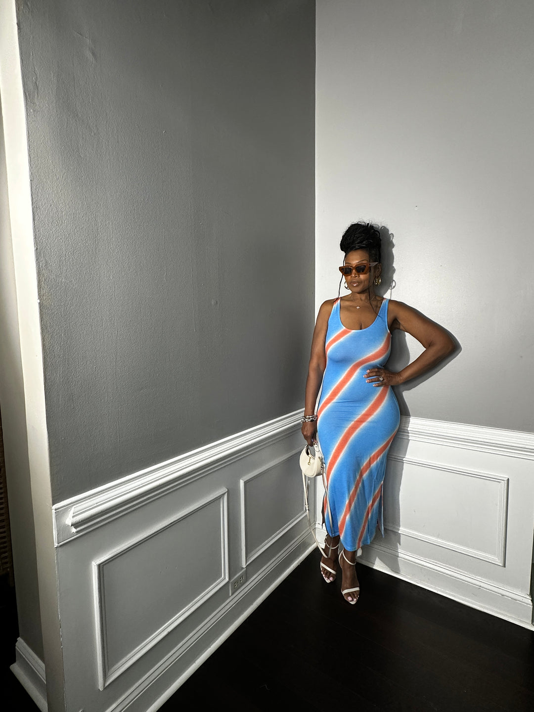 Summer Nights Side Split Midi Dress- Turquoise and Orange Blend