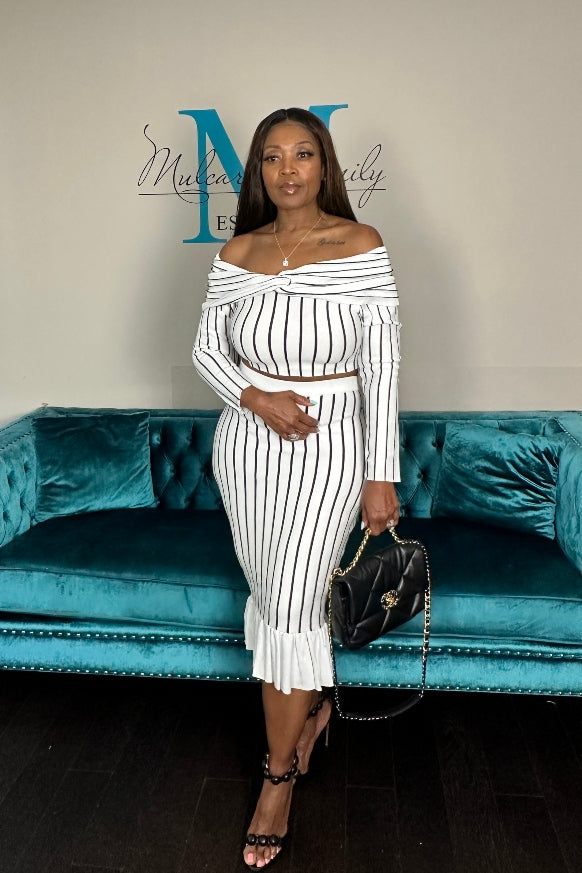 Perfect Fit Striped 2 Pc Off the Shoulder Skirt Set