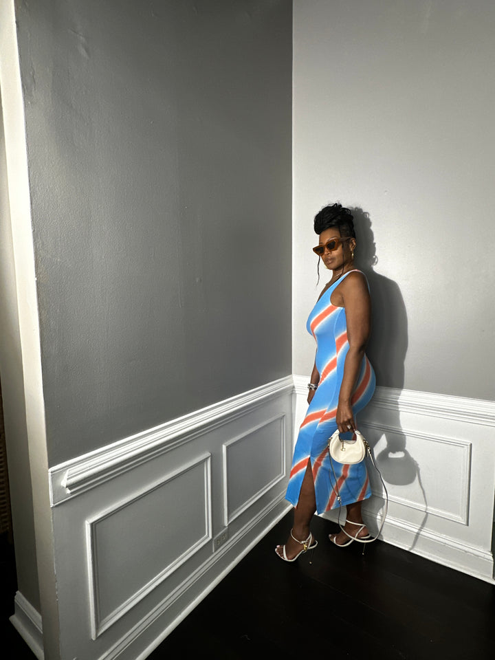 Summer Nights Side Split Midi Dress- Turquoise and Orange Blend