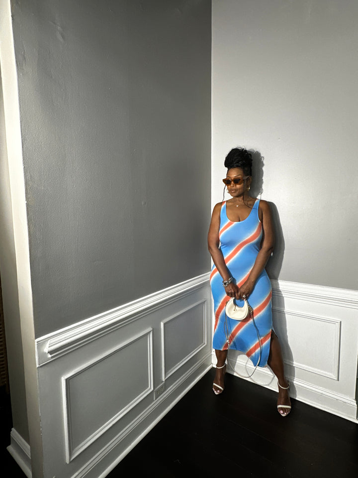Summer Nights Side Split Midi Dress- Turquoise and Orange Blend