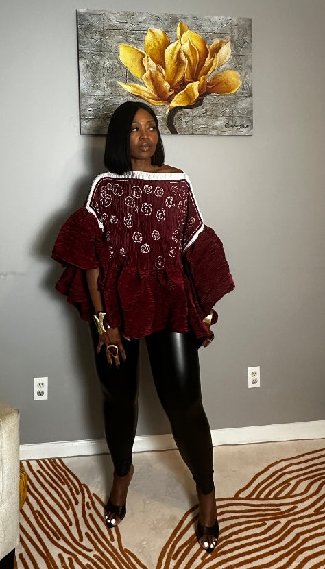 So Fancy  Ruffled Top - Burgundy Wine Blend