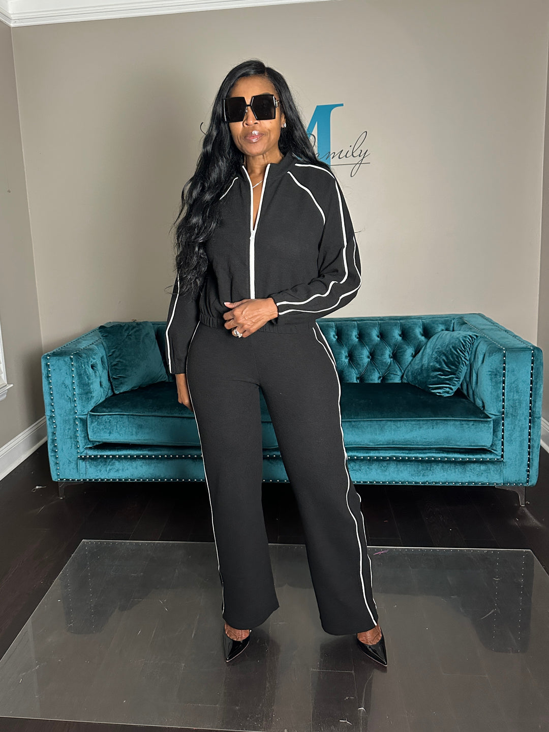 Very Essential Piped Track Suit Set - Cream with Black Piping
