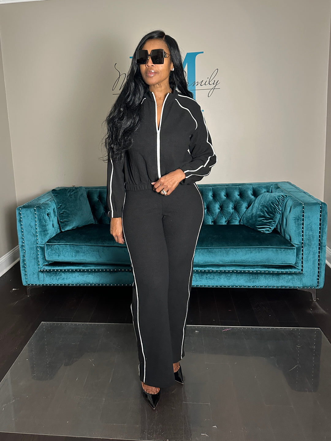 Very Essential Piped Track Suit Set - Cream with Black Piping