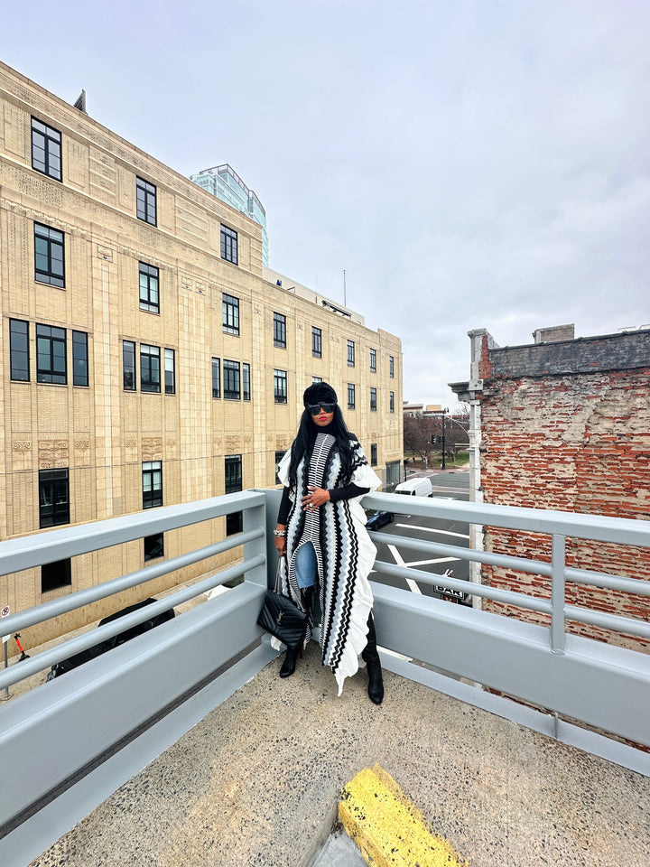 Rich Auntie Winter Chevron Ruffle Stripe Split Kimono - Black White Grey Blend Ships 1/30