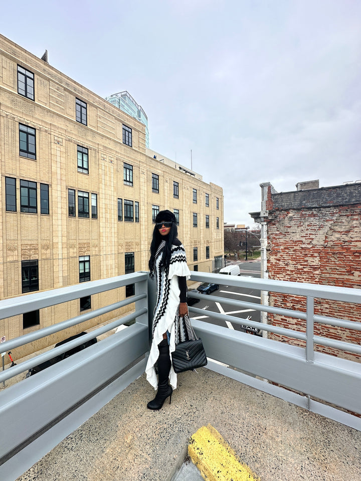 Rich Auntie Winter Chevron Ruffle Stripe Split Kimono - Black White Grey Blend Ships 1/30