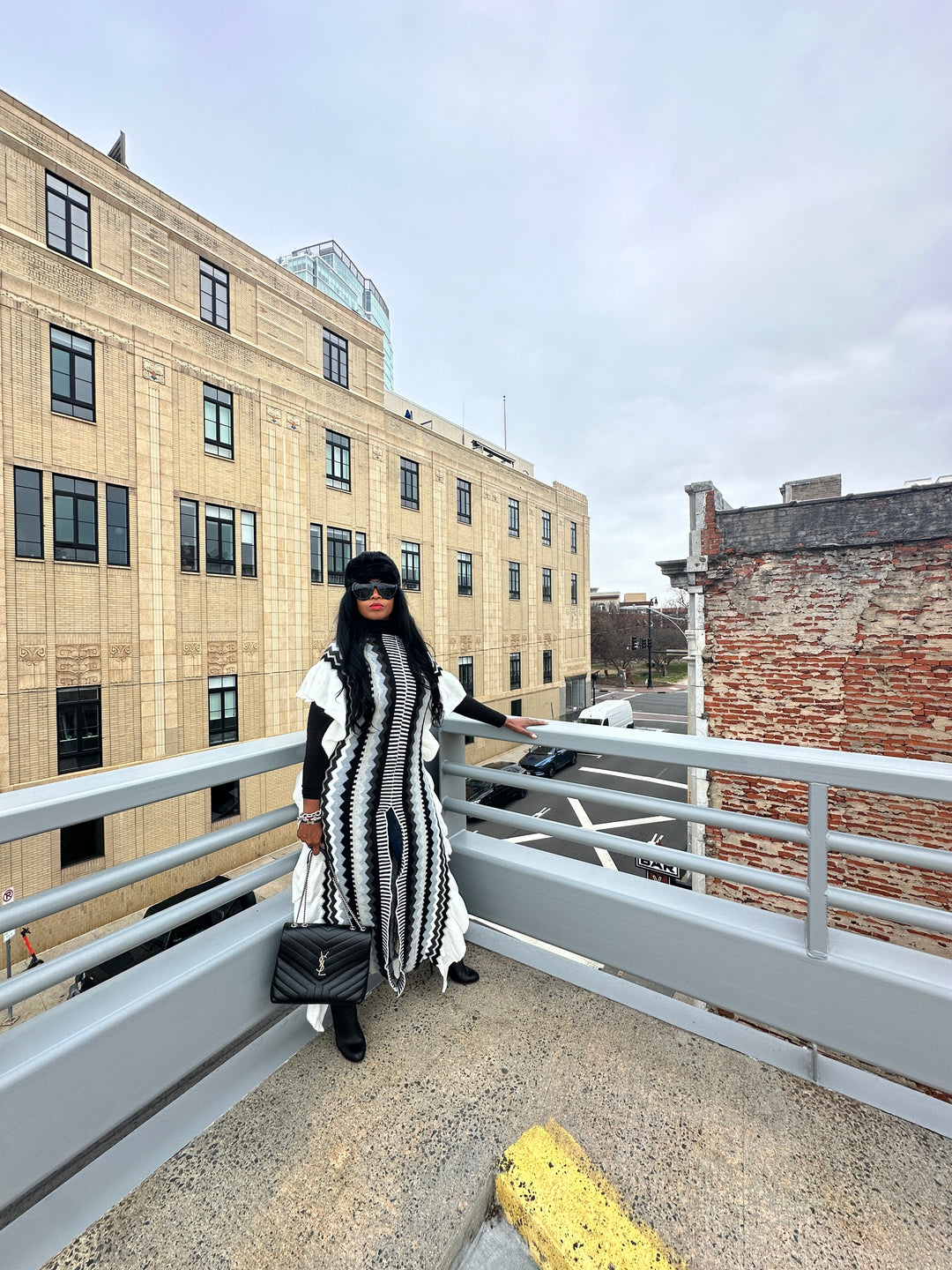 Rich Auntie Winter Chevron Ruffle Stripe Split Kimono - Black White Grey Blend Ships 1/30