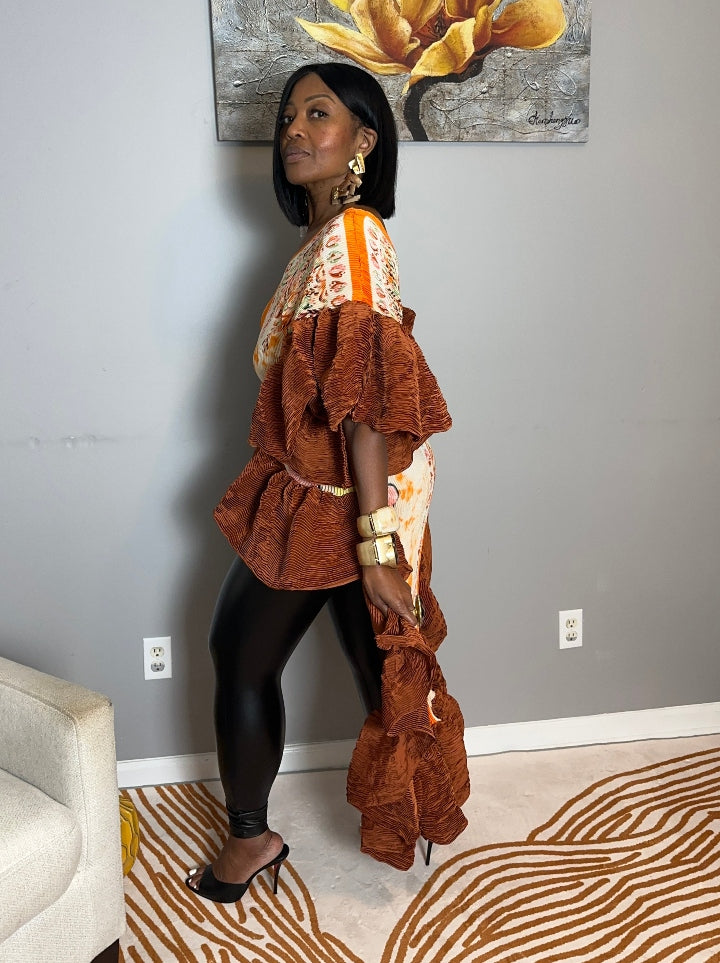 All the Drama Pleated Ruffled High Low Top/Dress - Orange Cream Emerald Green Blend