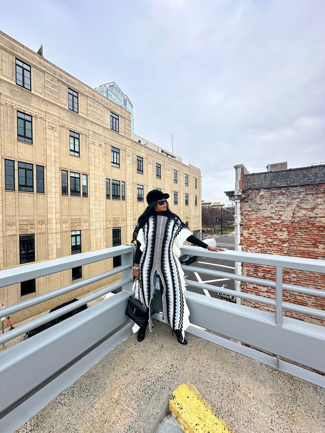 Rich Auntie Winter Chevron Ruffle Stripe Split Kimono - Black White Grey Blend Ships 1/30